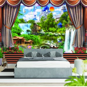 Beautiful Nature Waterfall Curtain 3D Wall Wallpaper