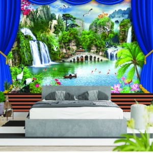 Beautiful Waterfall Nature Curtain 3D Wall Wallpaper