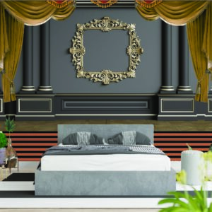 Classic Grey Gold Frame Curtain 3D Wall Wallpaper