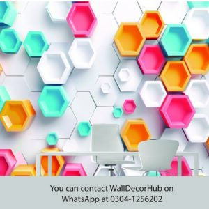 Colorful 3D Hexagon Office Wallpaper – White Pink Orange & Green