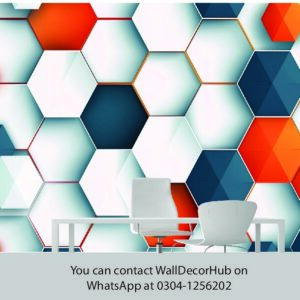 Colorful Hexagon Office Wallpaper – White Blue Red & Orange Design