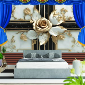 Elegant Blue Curtain White Rose 3D Wall Wallpaper