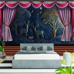 Elegant Blue Deer Forest Curtain 3D Wall Wallpaper