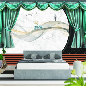 Elegant Green Curtain Marble 3D Wall Wallpaper Design
