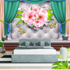 Elegant Green Floral Curtain 3D Bedroom Wallpaper