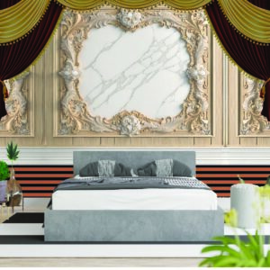 Elegant White Marble Gold Frame Curtain 3D Wallpaper