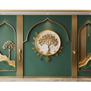 Emerald Green & Gold Arch Wall Wallpaper – Luxury Interior