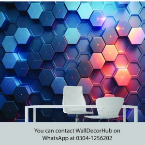 Futuristic Blue Hexagon Office Wallpaper – 3D Neon Light Design