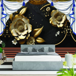 Luxury Black Gold Flower Curtain 3D Wall Wallpaper