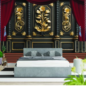 Luxury Black Gold Royal Curtain 3D Wall Wallpaper