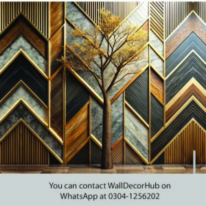 Luxury Chevron Office Wallpaper – Gold Black & Wood Geometric Design
