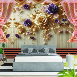 Luxury Golden Rose Floral Curtain 3D Wall Wallpaper