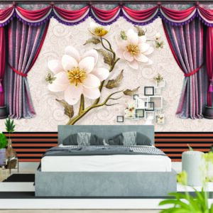 Luxury Pink Floral Curtain 3D Bedroom Wall Wallpaper