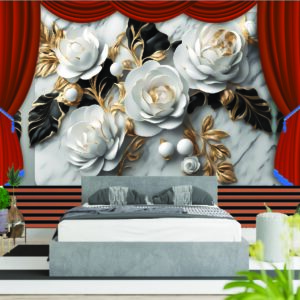 Luxury White Rose Black Floral Curtain 3D Wallpaper