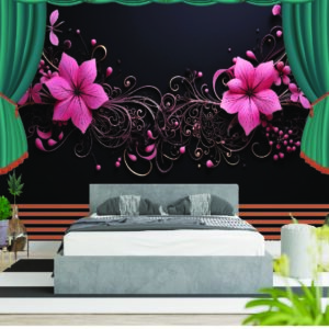 Modern Black Pink Floral Curtain 3D Wall Wallpaper