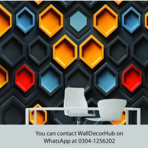 Modern Hexagon Office Wallpaper – Black Orange Blue & Red Design