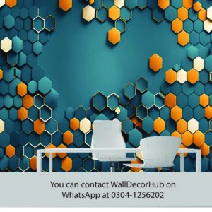 Modern Hexagon Office Wallpaper – Blue Orange & Gold 3D Design