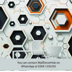 Modern Hexagon Office Wallpaper – White Black & Orange 3D Design