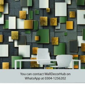 Modern Office Wallpaper – Green Gold & White 3D Geometric Design