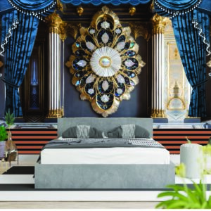 Royal Blue Gold Floral Curtain 3D Wall Wallpaper