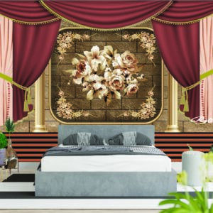 Royal Burgundy Curtain Floral 3D Bedroom Wallpaper