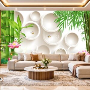 3D Bamboo & Floral Circle Wallpaper – Luxury Green Nature Wall Design
