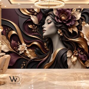 3D Black & Copper Woman Art Wallpaper – Luxury Beauty Salon