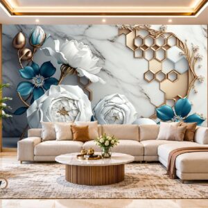 3D Blue Floral Marble Wallpaper – Luxury White & Gold Modern Wall Design