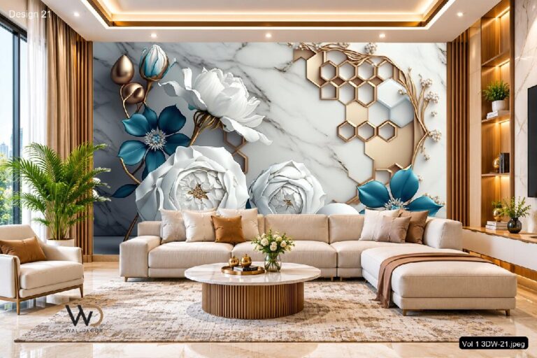 3D Blue Floral Marble Wallpaper – Luxury White & Gold Modern Wall Design