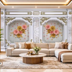3D Classic Floral Panel Wallpaper – White & Gold Luxury Wall Design