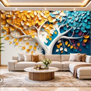 3D Colorful Tree Wallpaper – Luxury Blue & Golden Nature Wall Design