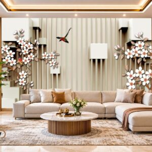 3D Floral Wall Panel Wallpaper – Luxury White & Gold Modern Design