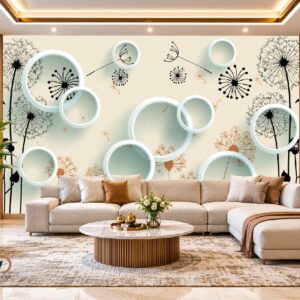 3D Geometric Circle Wallpaper – Modern Black & Cream Wall Design