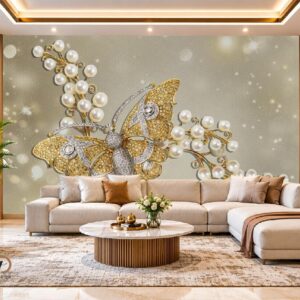 3D Golden Butterfly Wallpaper – Luxury Pearl & Butterfly Wall Decor