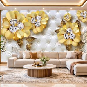 3D Golden Floral Tufted Wallpaper – Luxury Yellow Flower Wall Design