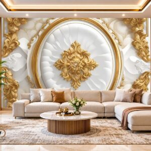 3D Golden Medallion Wallpaper – Luxury White & Gold Classic Wall Design