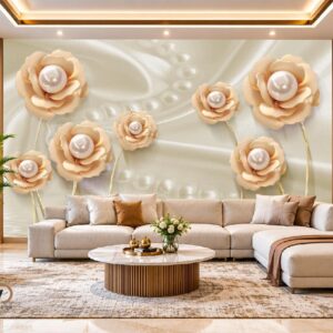3D Golden Rose Pearl Wallpaper – Luxury Cream Floral Wall Design