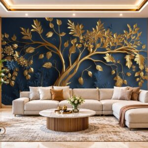 3D Golden Tree Wallpaper – Luxury Dark Blue Botanical Wall Decor