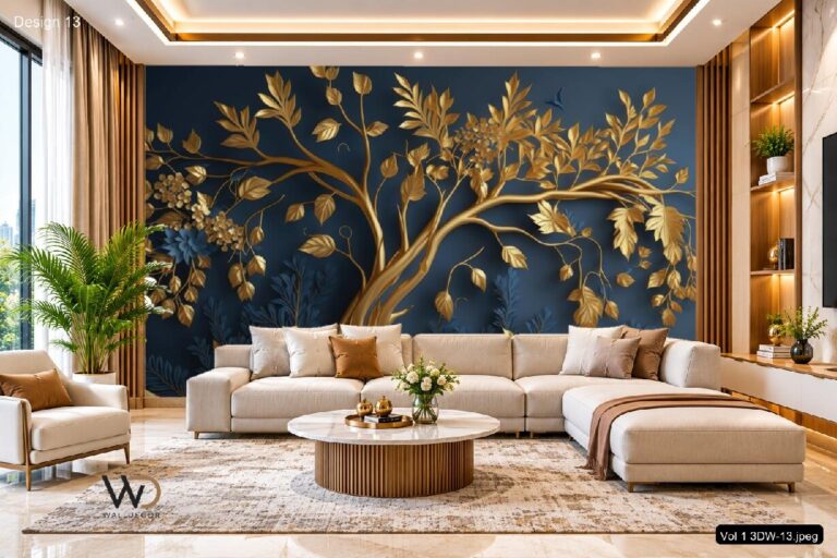 3D Golden Tree Wallpaper – Luxury Dark Blue Botanical Wall Decor