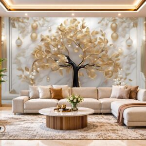3D Golden Tree Wallpaper – Luxury White & Gold Botanical Wall Design