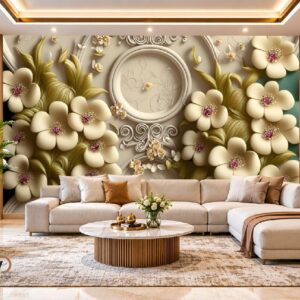 3D Luxury Golden Floral Wallpaper – Elegant Cream Flower Wall Decor