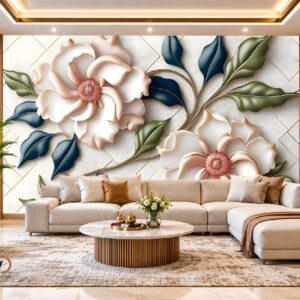 3D Luxury White Floral Wallpaper – Elegant Blue & Gold Botanical Design