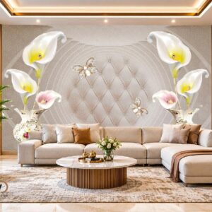 3D Luxury White Floral Wallpaper – Elegant Cream Quilted Flower Wall Design