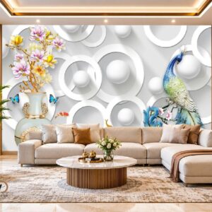 3D Peacock Circle Wallpaper – Luxury Floral & Geometric Wall Design