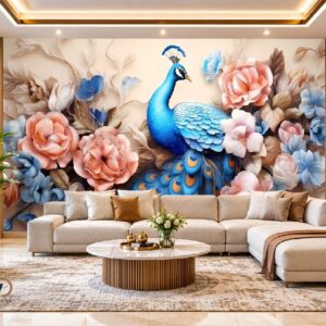 3D Peacock & Floral Wallpaper – Luxury Blue Peacock Wall Decor Design