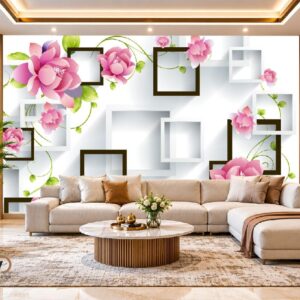 3D Pink Floral Frame Wallpaper – Luxury Modern Flower Wall Design