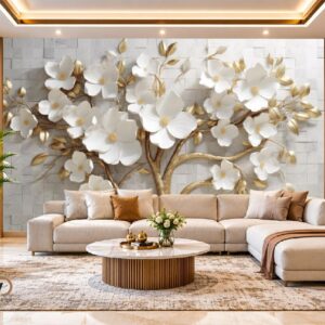 3D White Blossom Tree Wallpaper – Elegant Luxury Floral Wall Decor