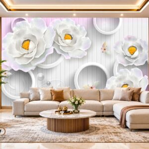 3D White Flower Circle Wallpaper – Elegant Luxury Floral Wall Decor Design