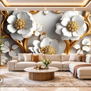 3D White & Gold Floral Wallpaper – Luxury Large Flower Wall Decor