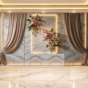 Beige Draped Curtain & Floral Marble Wallpaper in Karachi